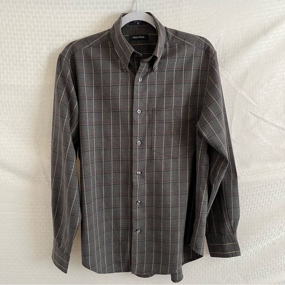 Nautica Long Sleeve Button Down Dark Gray Plaid Shirt Size Small